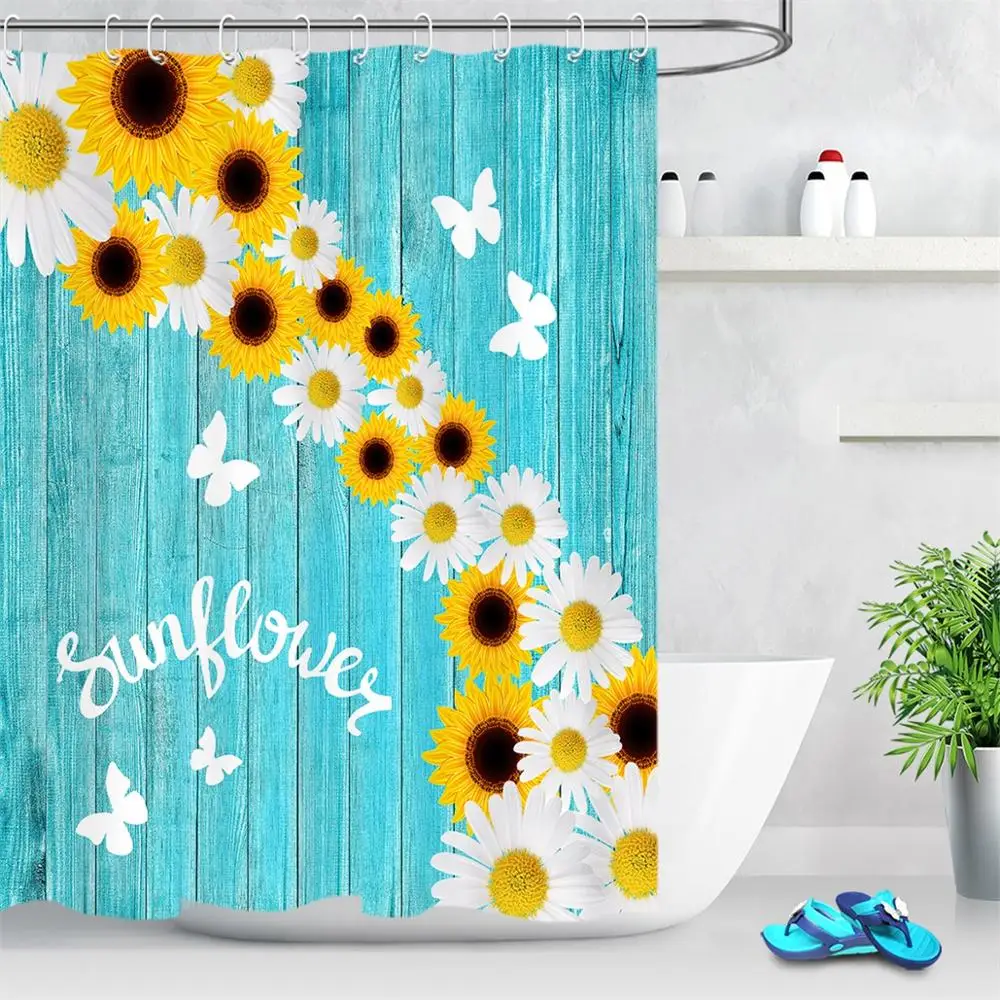 Rustic Wooden Board Flower Shower Curtain Butterfly Sunflower Print