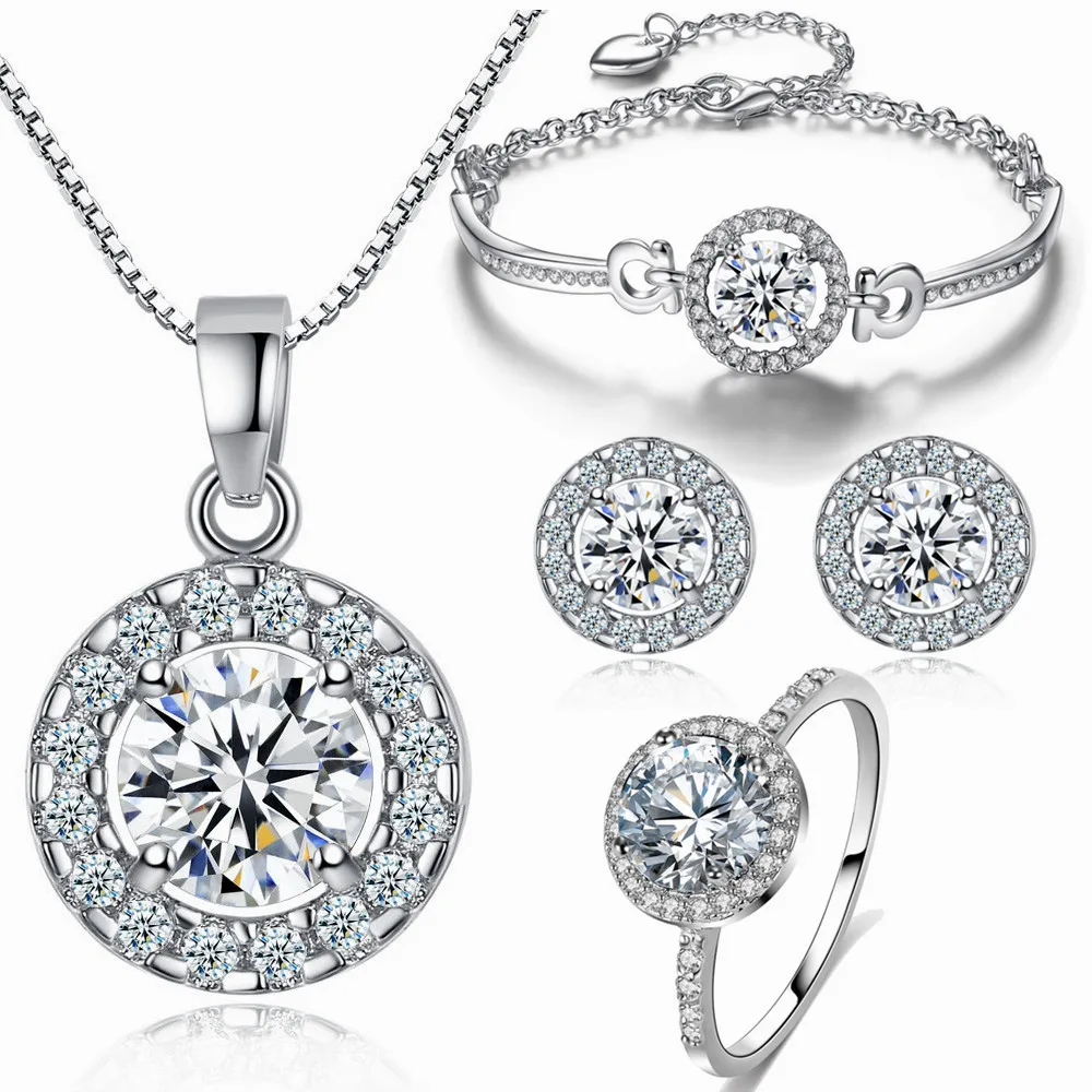 

Korean-style Bride Set Accessories Eight Arrows Zircon Light Pendant Necklace Ring Earrings Bracelets Four-piece Set