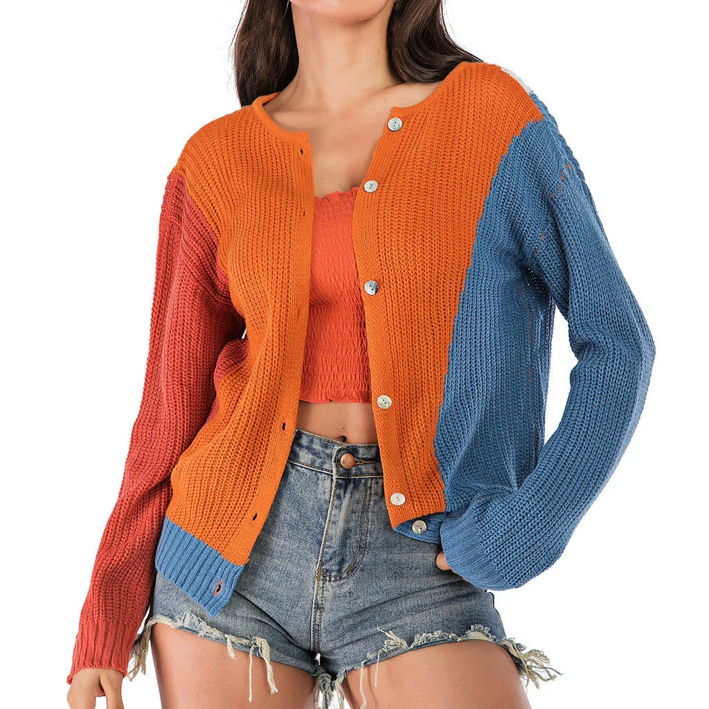 Fashion Women Long Sleeve Buttons Color Block Open Front Patchwork Knitted Sweater Cardigan women clothes roupas Femininas | Женская