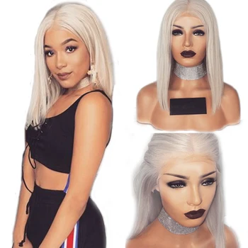 

Sliver Grey Short Bob Straight Hair Natural Hairline with Baby Hair Glueless Synthetic Lace Front Wigs for Black Women 14inch