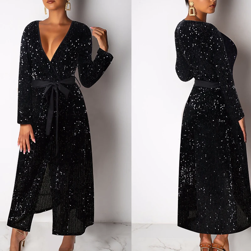 black sequin long sleeve dress with deep v neck