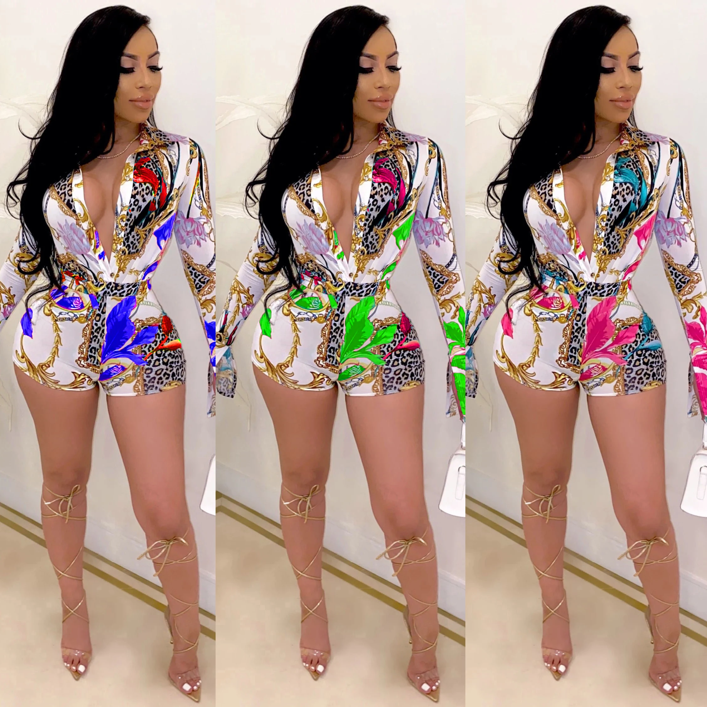ChocoMist Jumpsuit Casual Leopard Design Print Long Sleeve Long - sleeved One-piece Shorts CM725