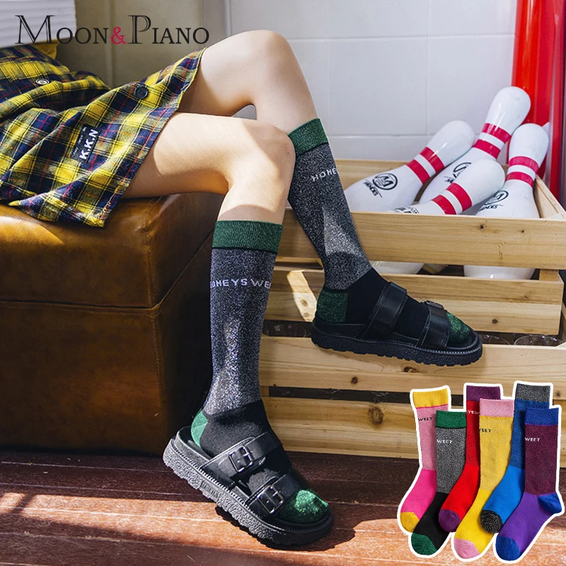 Новое поступление Для женщин одежда в полоску и с надписями; чулки с изображением теленка в европейском и американском стиле для улицы для студенток модные Стиль женские разноцветный чулок