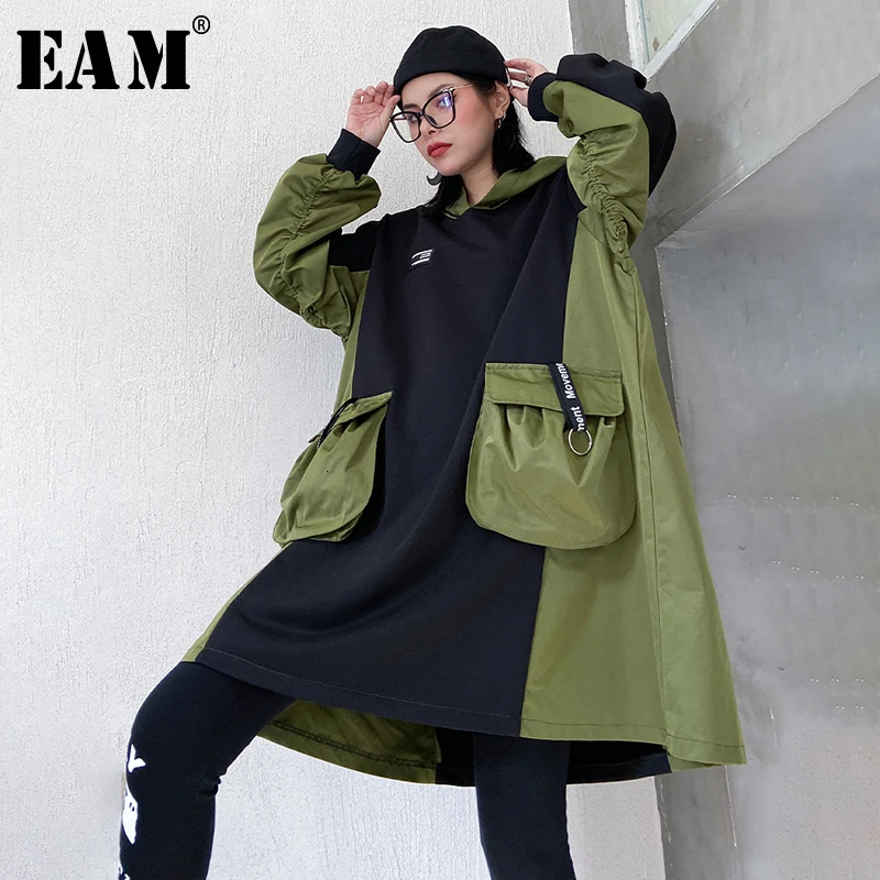 [EAM] Pocket Contrast Color Loose Fit Sweatshirt New Hooded Long Sleeve Women Big Size Fashion Tide Autumn Winter 1M641
