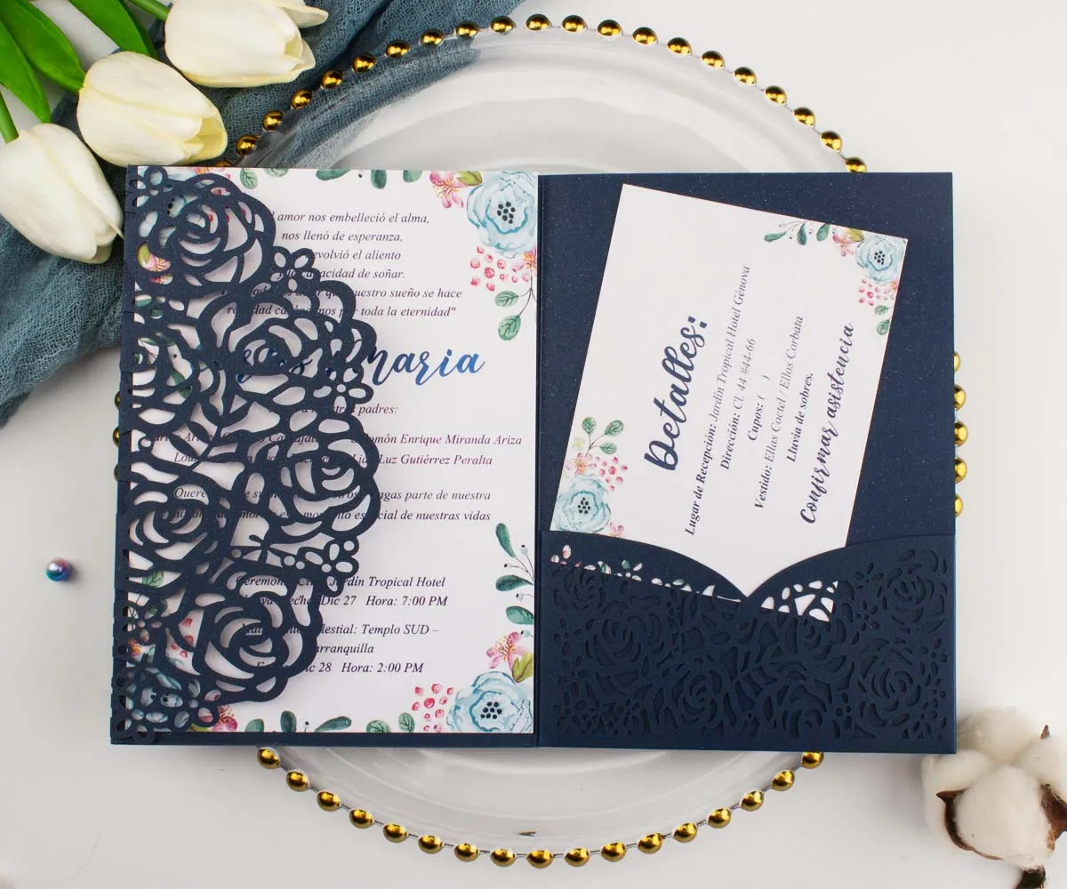 

50X Navy Burgundy Gold White Ivory Laser Cut Rose tri-fold Wedding Invitation Cards Personalized Pocket Invite Customized RSVP