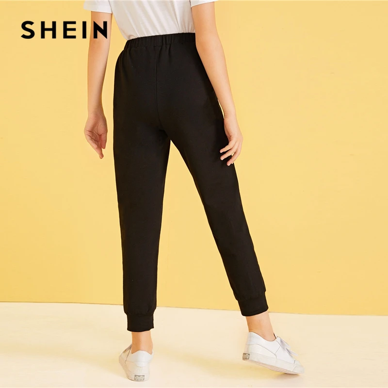 SHEIN для малышей однотонные рваные укороченные Повседневное спортивные штаны детские штаны Осенняя уличная одежда с эластичной резинкой на талии брюки для девочек-подростков