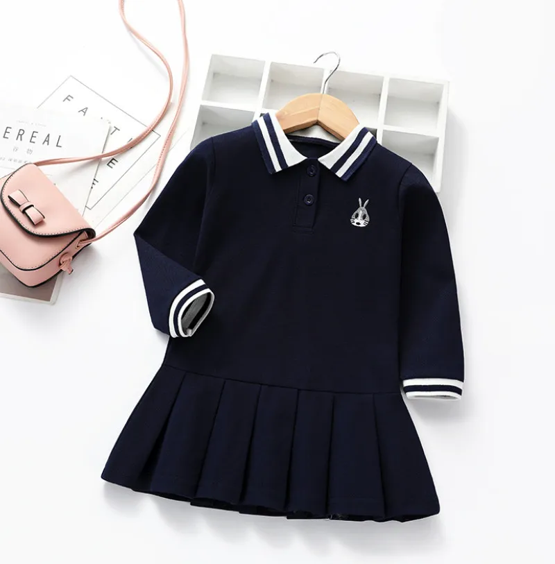 navy blue Новое весенне-осеннее платье для маленьких девочек детская одежда Детские теннисные платья с длинными рукавами и отворотами Детский костюм для дня рождения - Цвет: navy blue
