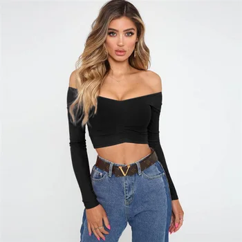 Long sleeve casual sexy off-the-shoulder t-shirt solid color sexy ladies slim fit clothing