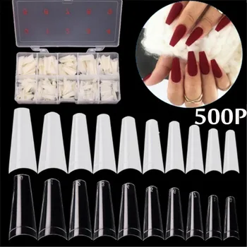 

500Pcs/Bag High Quality Ballerina Nail Tips French Coffin Fake Nails Half Cover Nails Clear/Natural Nails False Nails with Box