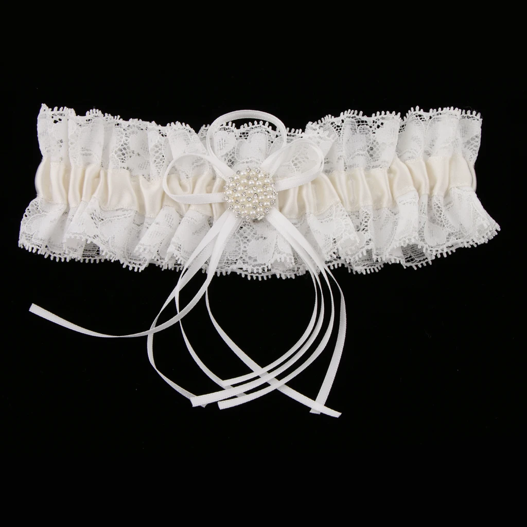 White Lace Bridal Garter with Pearls Bowknot Wedding Bridal Costume Fancy Dress