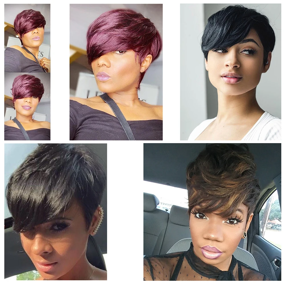SSH Short Human Hair Wigs Pixie Cut Straight Remy Brazilian Hair for Black Women Machine Made Highlight Color Cheap Glueless Wig