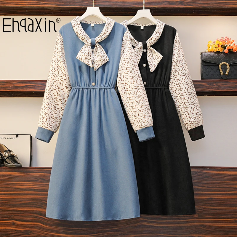

EHQAXIN Women's Floral Stitching Dresses Autumn Winter Sweet Bowknot Button A-Shaped Elegant Stitching Dress For Female L-4XL