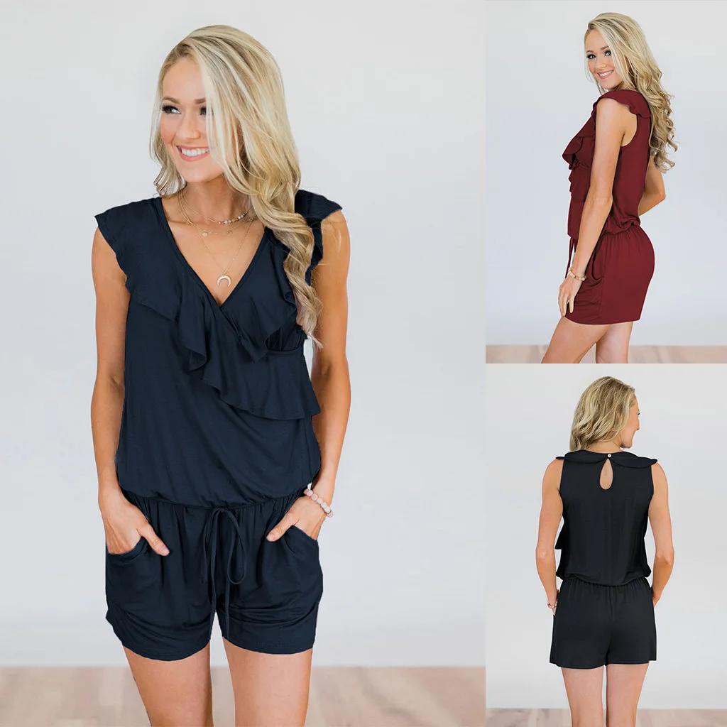 Summer New Solid Color Lace Belt Jumpsuits for Women | Женская одежда