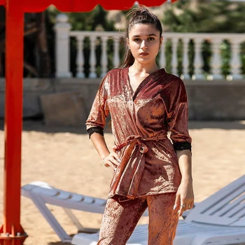 

HiLoc Orange Velvet Sleepwear Warm Patchwork Lace Robe Sets Winter Splicing Half Sleeve Sets Suit Women Bathrobe For Home Suit