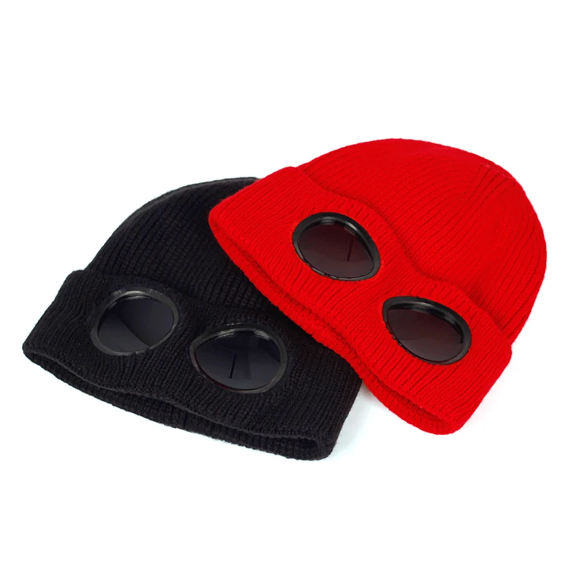 Masked personality Thickened Winter Knitted Hat winter outdoor riding hats Warm Beanies Skullies Ski Cap with Removable Glasses skully with brim