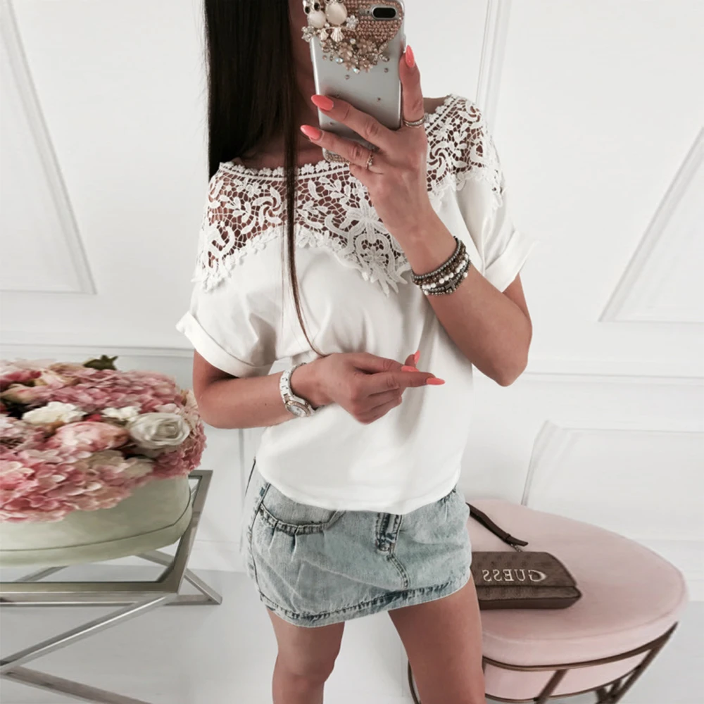 

Lace Spliced Casual Shirt Women Sexy Hollow Out White Chiffon Blouse