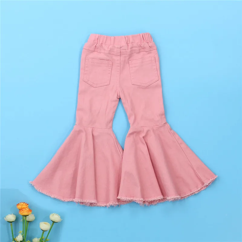 Kids Girls Ruffle Ripped Flared Bell-Bottom Trousers Ripped Jeans Denim  Pants