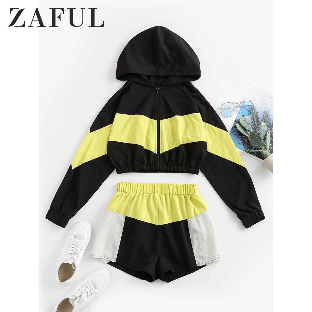 ZAFUL цветные с капюшоном заниженным плечом шорты комплект спортивный костюм на