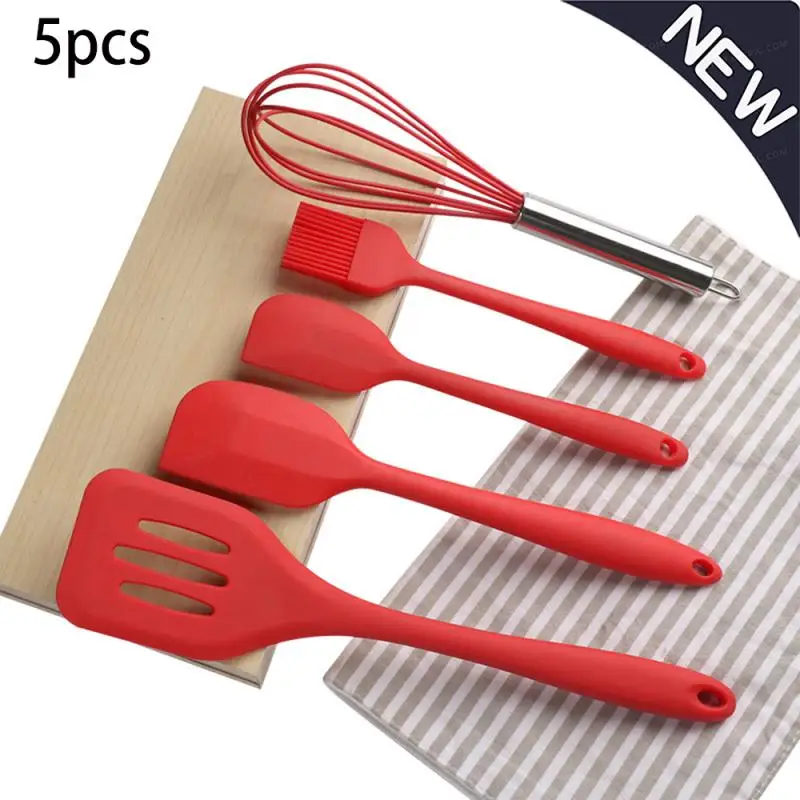 Red Heat Resistant Cooking Utensil Set from Nonstick Silicone