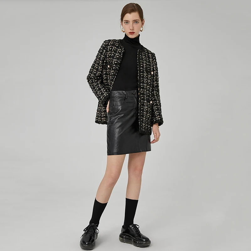 awesome  [EAM] Loose Fit Black Plaid Tweed Temperament Jacket New Lapel Long Sleeve Women Coat Fashion Tide 
