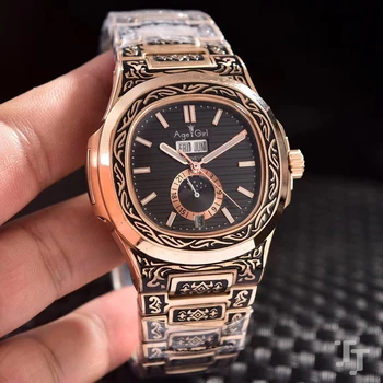 

Classic New Men Stainless Steel Automatic Mechanical DayDate Transparent Moon Phase Sapphire Rose Gold Vintage Carved Watch