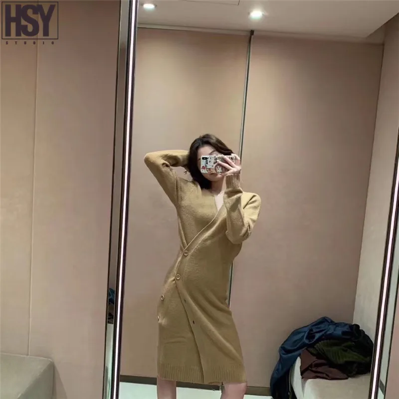 【HSY】 осенний высококачественный Женский шерстяной окрашенные пуговицы украшения длинный рукав v-образный вырез длинный кардиган, вязаный свитер платье 2 цвета