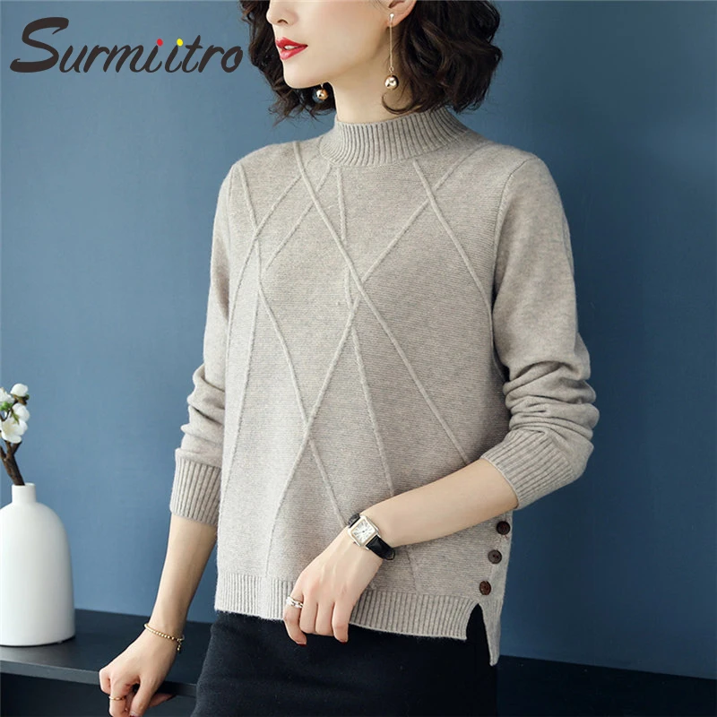 Skup Surmiitro dzianinowy półgolf damski sweter 2019 jesienno zimowy z koreańskimi guzikami damski sweter z długim rękawem i sweterkiem