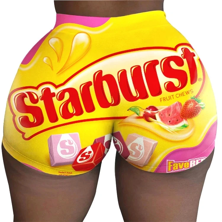 Fashion 2020 Hot Sale Bodycon Women's Candy Snickers Shorts Mini High Waist Short Gushers Snack Booty Shorts For Women Wholesale outfits for women