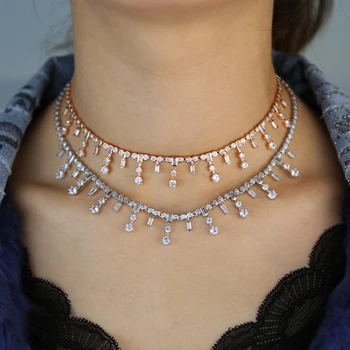 

Two color baguette round cz tennis choker multi drip cz flowers statement necklace rose gold color vermeil fashion women jewelry