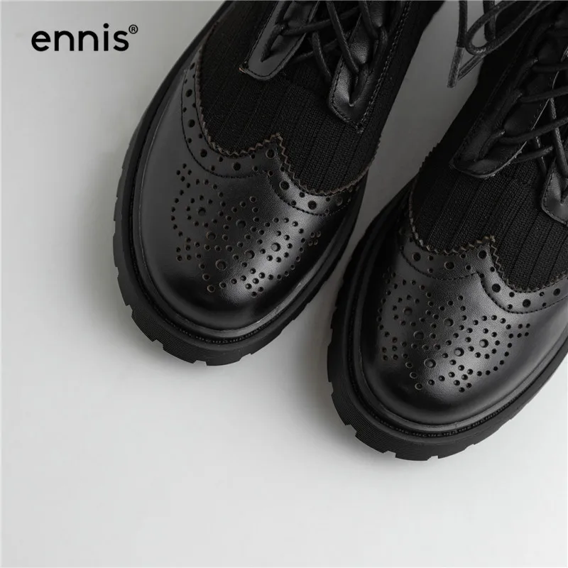 ENNIS/осенне-зимние ботильоны; броги; женские Ботинки martin из натуральной кожи; ботинки на плоской платформе со шнуровкой; черная вязаная обувь; A9339