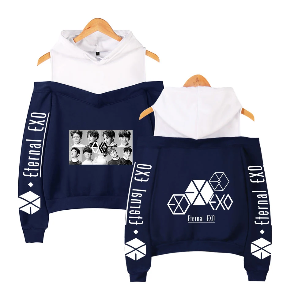 EXO Новинка Ablum Женская толстовка с открытыми плечами толстовка осень зима Свободная Повседневная Kpop Толстовка женские свитшоты
