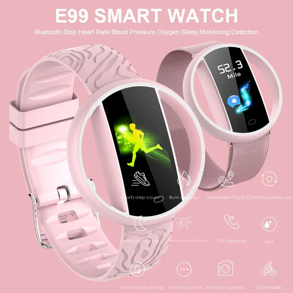 E99 Смарт-часы Bluetooth шаг монитор сердечного ритма кровяное давление кислородный сон фитнес-трекер IP67 водонепроницаемый спортивный браслет