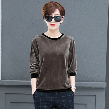

female Gold velvet bottoming shirt women autumn winter wild tops tees fashion loose o-neck long-sleeved t shirts 46180