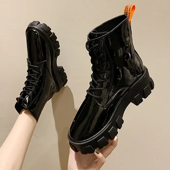 

Women Platform Ankle Boots Ladies Patent Leather Non Slip Sewing Female Casual Lace Up Footwear Woman Comfort Boot Classic