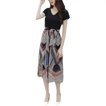 

Hot Summer Printed Dresses Women Chiffon Dress Female Short Sleeve Patchwork Robes Black Lace-up Vetidos Mujer