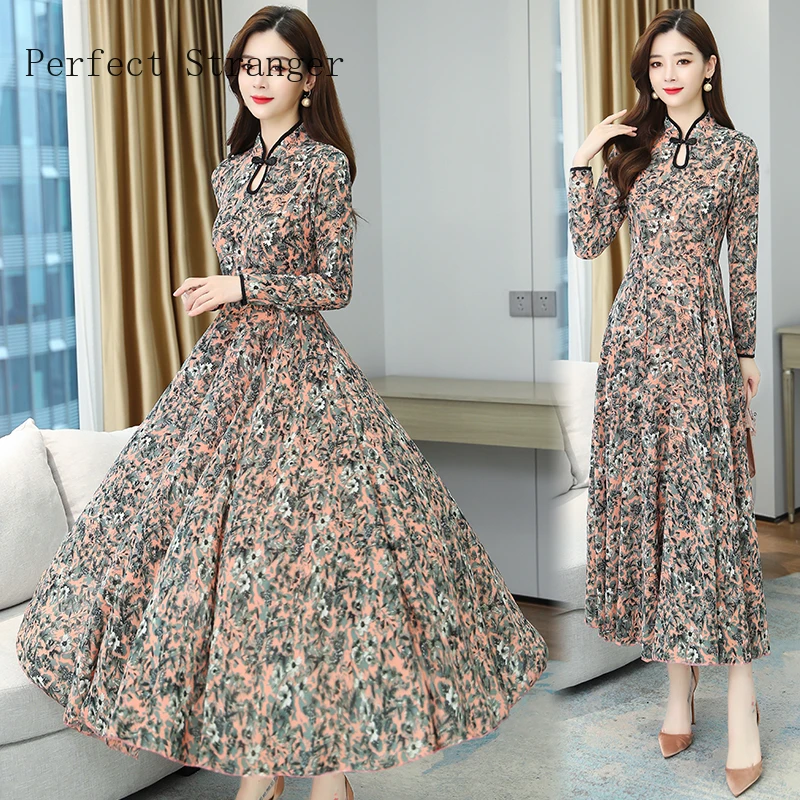 2021 Spring New Arrival Stand Collar Flower Printed Long Sleeve Plus Size M-4XL Women Long Dress High Quality
