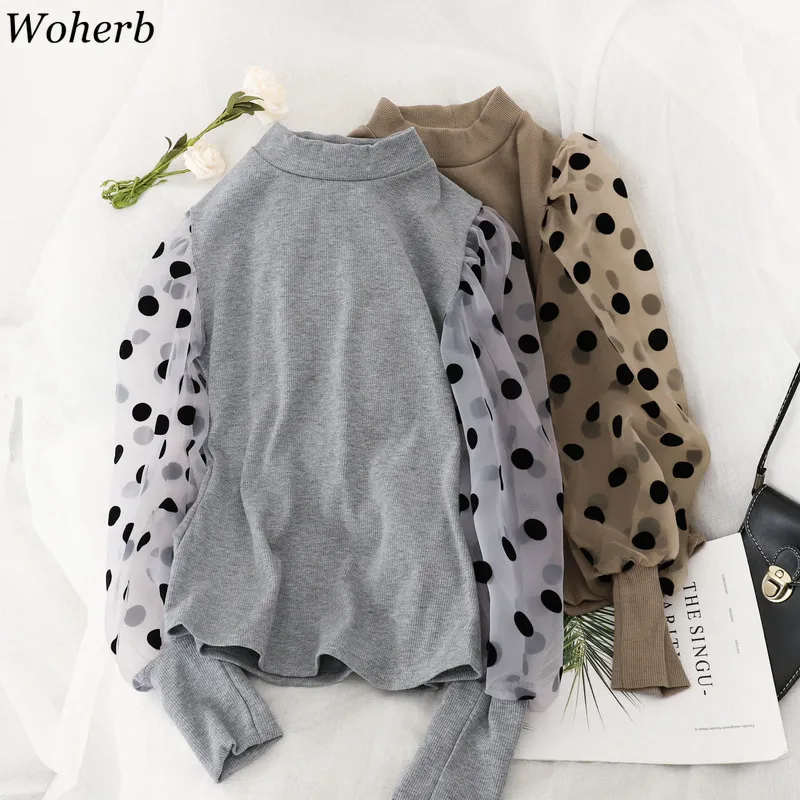 

Woherb Vintage Slim Half Turtleneck Long Lantern Sleeve Sweater Women Polka Dot Patchwork Thin Knitwear Korean New Fashion 91335