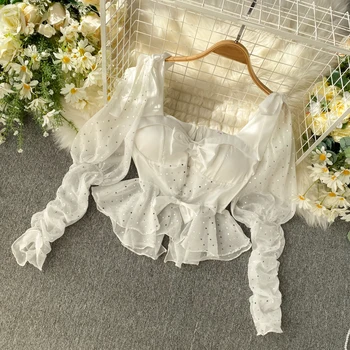 

French vintage court style shirt women's design niche pleated bubble sleeve short style ruffled shirt blouse