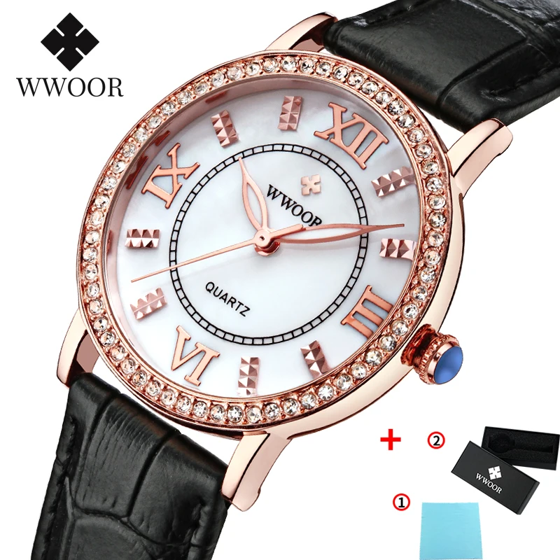 Gold Black WWOOR, бренд, Роскошные Кварцевые часы для женщин, розовые бриллианты, платье, женские часы-браслет, красный ремешок из натуральной кожи, наручные часы для женщин - Цвет: Gold Black