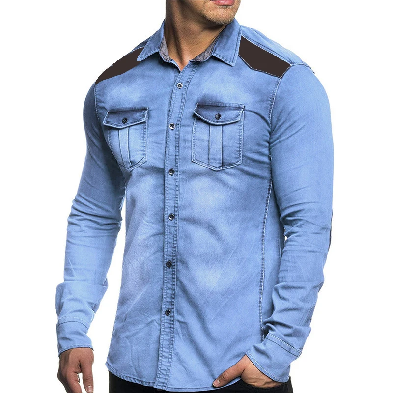 Мужские рубашки, мужские модные джинсовые рубашки в стиле пэчворк, мужские винтажные повседневные приталенные джинсовые рубашки с длинными рукавами, ковбойские топы, мужская одежда