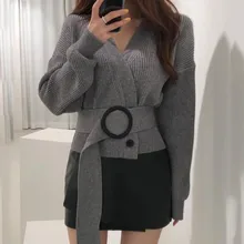 Сексуальный короткий вязаный двубортный женский свитер с v-образным вырезом и длинным рукавом, элегантный женский джемпер с поясом