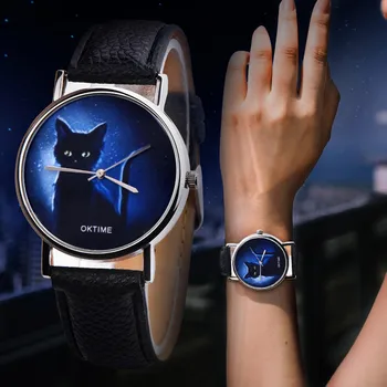 

Zegarki Womens Mysterious Black Cat Faux Leather Analog Quartz Watch ladies watches top luxury casual clock women reloj mujer