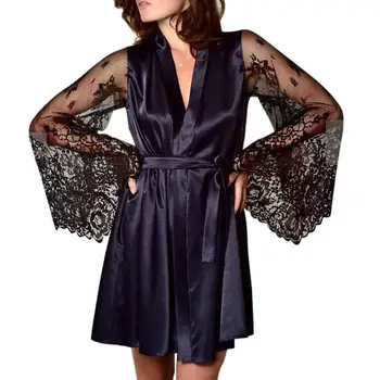 

Sexy Lingerie Erotic Women Nightgown Lace Perspective Long Sleeve Bathrobe