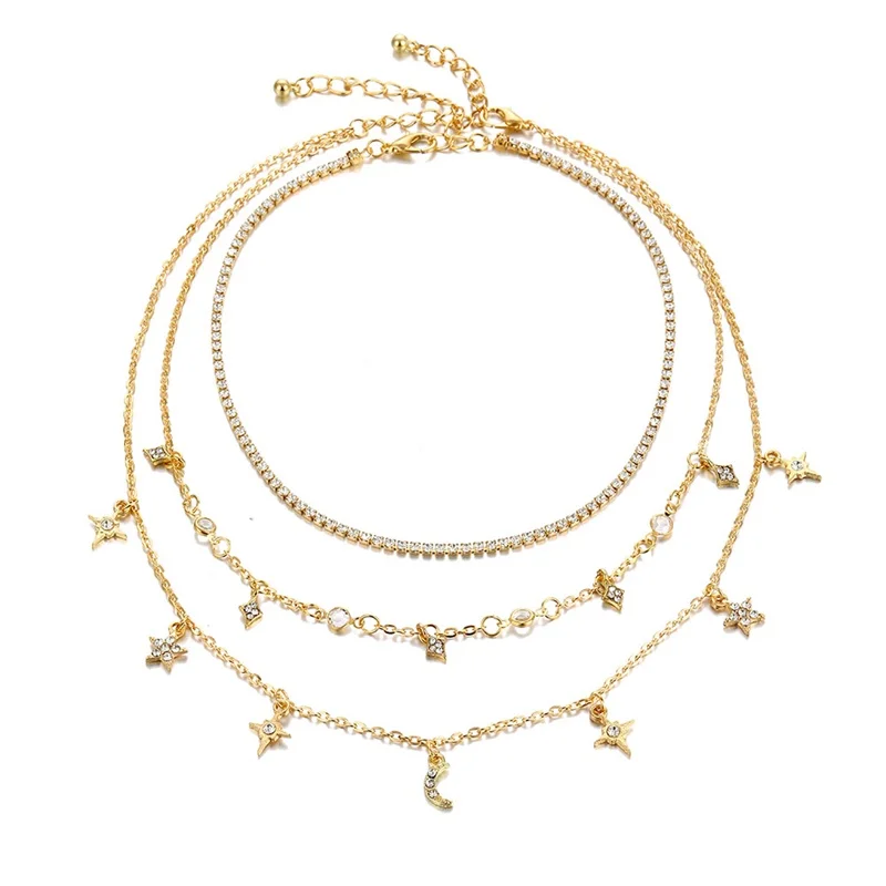 New Multilayer Crystal Moon Necklaces & Pendants For Women Vintage Charm Gold Star Choker Necklace 2019 Bohemian Jewelry Gift
