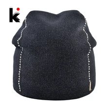 Winter Beanie Women Knitted Wool Hats Female Fashion Skullies Beanies With Rhinestones Solid Color Warm Knit Bonnet Ladies Cap