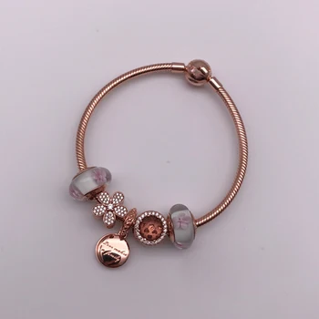 

High Quality Original 1:1 100%925 Sterling Silver Rose Gold Peach Blossom Colored Glaze Beads Bracelet Free Shipping