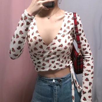 

Crop Top T-shirt Full Short Navel Floral-Print Tops Tight Charade INS Women's Fashion Long Sleeve Sense of Design-Base Shirt