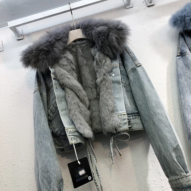 grey Короткая джинсовая куртка с подкладкой из натурального кроличьего меха, Женская бархатная стеганая куртка, Осень-зима, новая теплая парка с воротником из натурального Лисьего меха - Цвет: grey