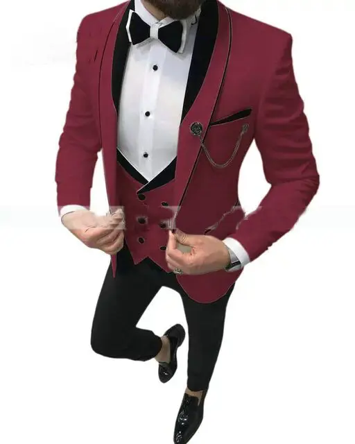 

JELTONEWIN Custom Made Men Suits Burgundy 3 Pieces Groom Tuxedos Groomsmen Mens Wedding Blazer Prom Bridegroom jacket+pants+vest