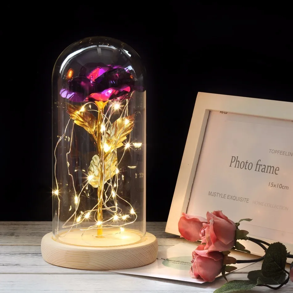 Горячая Роза в колбе Красавица и Чудовище позолоченный красная роза с светодиодный светильник в стеклянном куполе для свадебной вечеринки подарок на день матери - Цвет: Purple